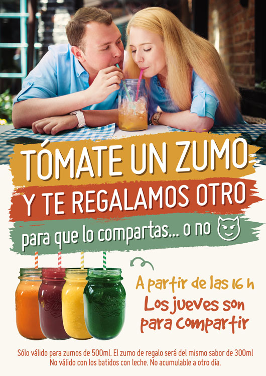 Diseño culinario para un cartel promocional de zumos con una pareja disfrutando de ello.